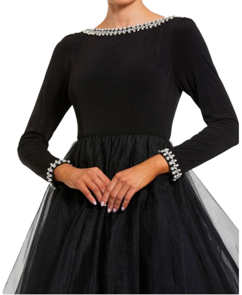 Women's Embellished Jersey Long Sleeve Ballgown With Tulle Skirt