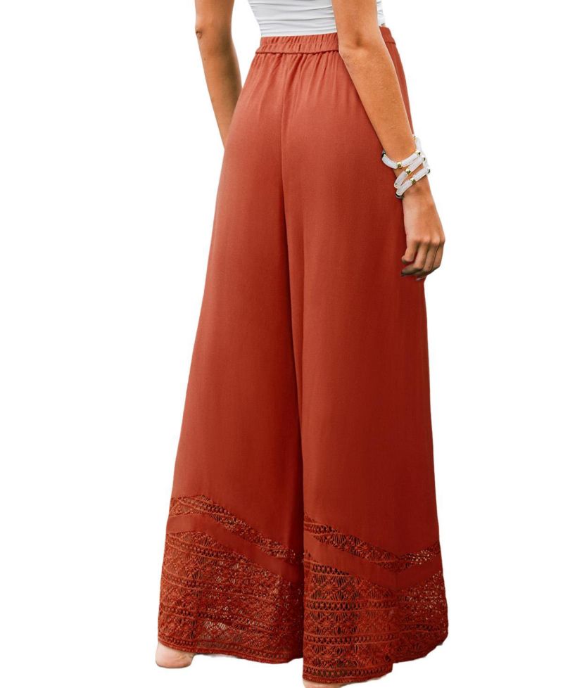 Women's Rust Elastic Waist Lace Trim Wide Leg Pants