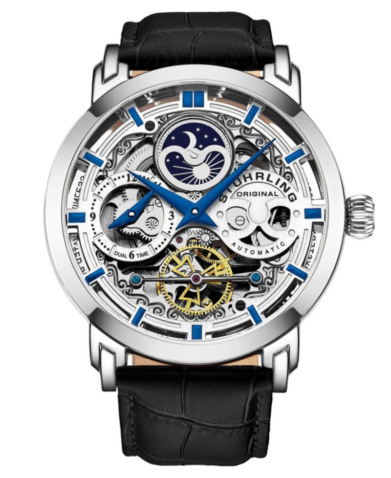 Anatol Automatic Skeleton Dual-Time Black Leather Watch, 47mm