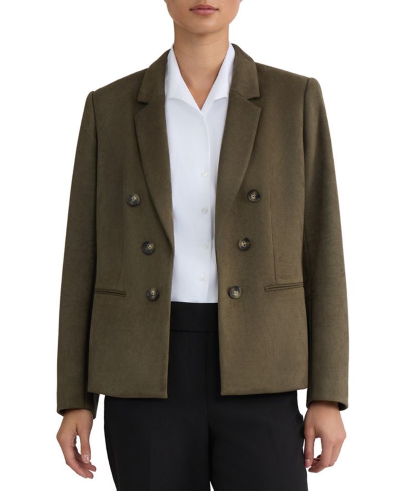 Petite Double-Breasted Notch-Collar Faux-Suede Blazer