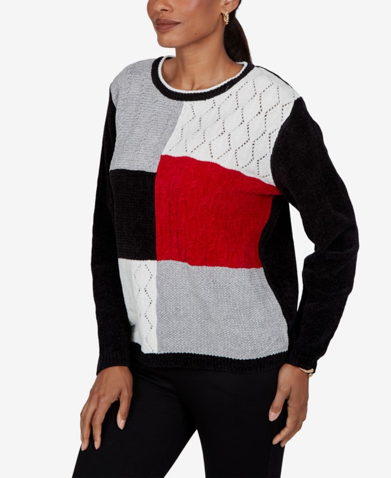 Women's Sweatr Cable-Knit Colorblock Crewneck Long-Sleeve Pullover