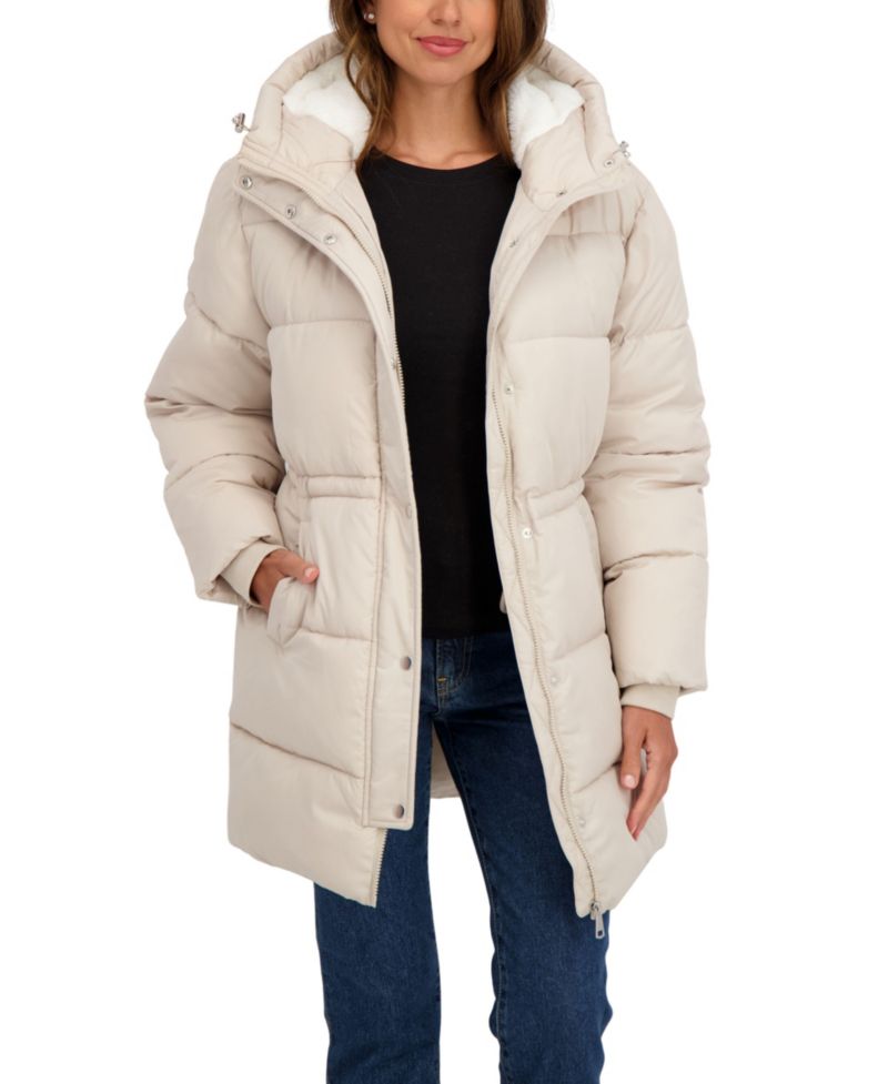 Women's 3/4 Cozy Lined Hooded Puffer Coat With Drawstring Waist