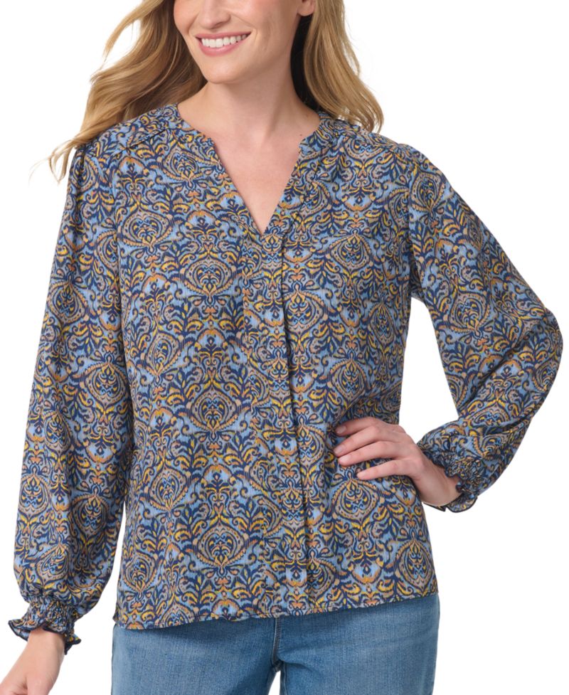 Women's V-Neck Long-Sleeve Bishop-Style Blouse