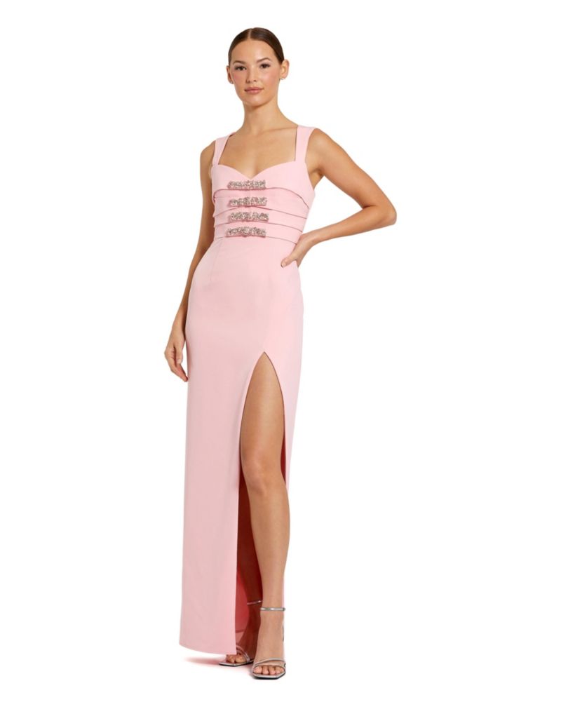 Women's Sleeveless Crepe Gown With Embellished Bows