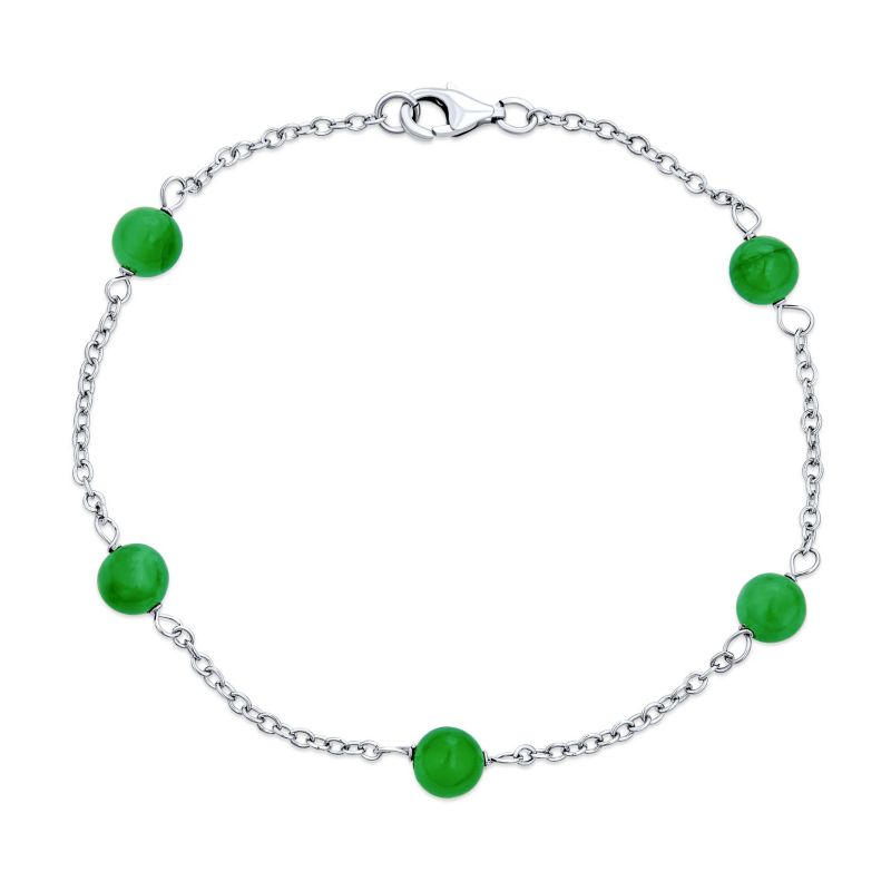 Delicate Jade Bead Ball Tin Cup Bracelet .925 Sterling Silver