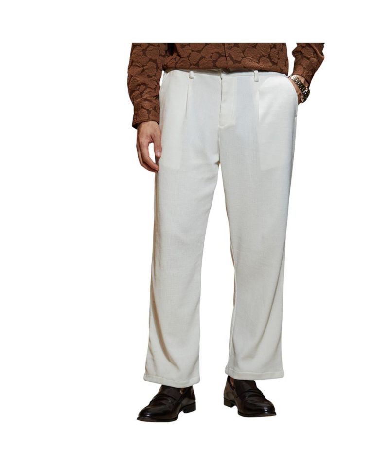 Men's Cream White Waffle-Pleated Straight Trousers