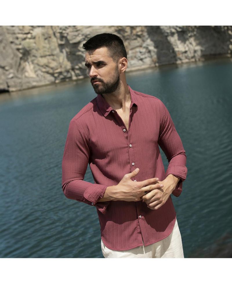 Men's Blush Red Self-Design Striped Shirt