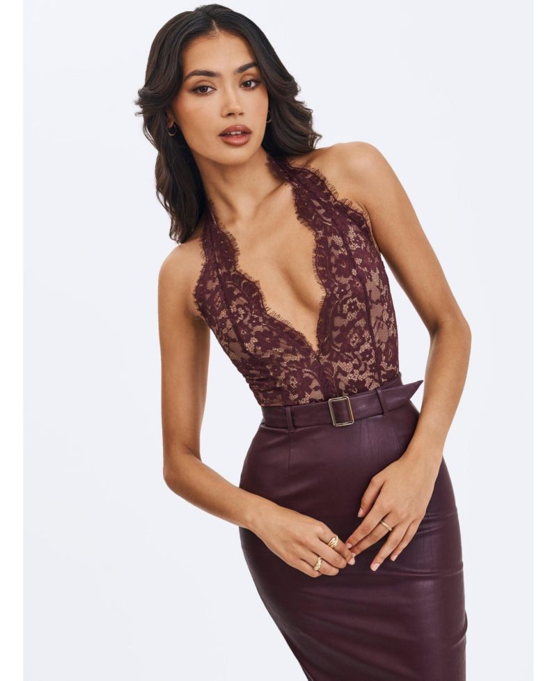 Women's Fiera Mahogany Plunging Halter Belted Midi Dress