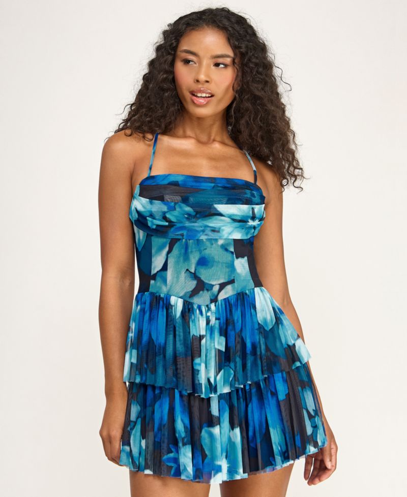 Juniors' Printed Mesh Straight Neck Tiered Mini Dress