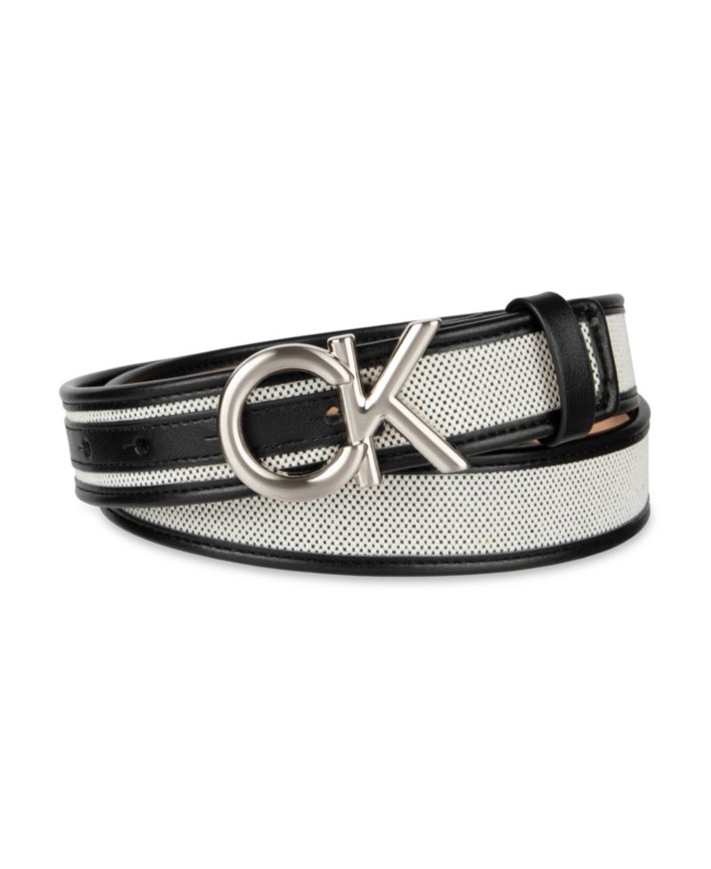 Women's Woven Inlay Leather Belt with Puff CK Monogram Buckle Belt