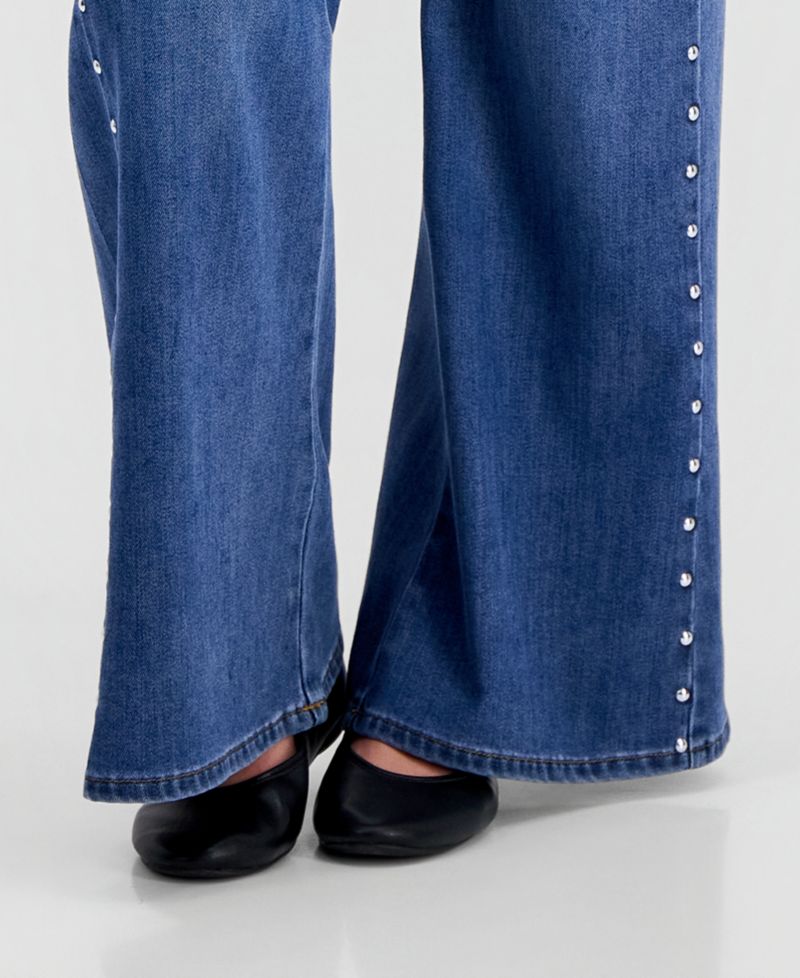 Juniors' High-Waisted Wide-Leg Studded Jeans