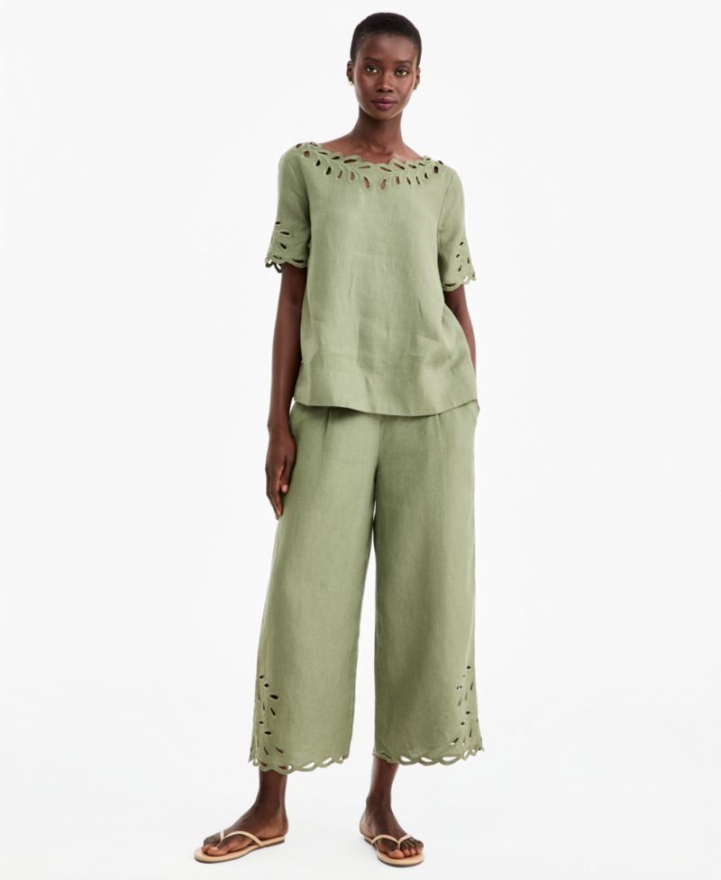 Women's Linen Eyelet-Hem Cropped Wide-Leg Pants
