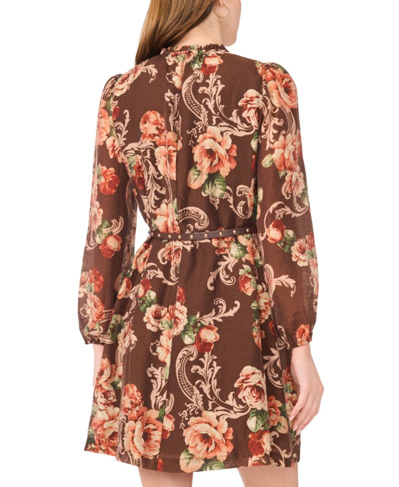 Petite Long-Sleeve Floral Fit & Flare Chiffon Dress