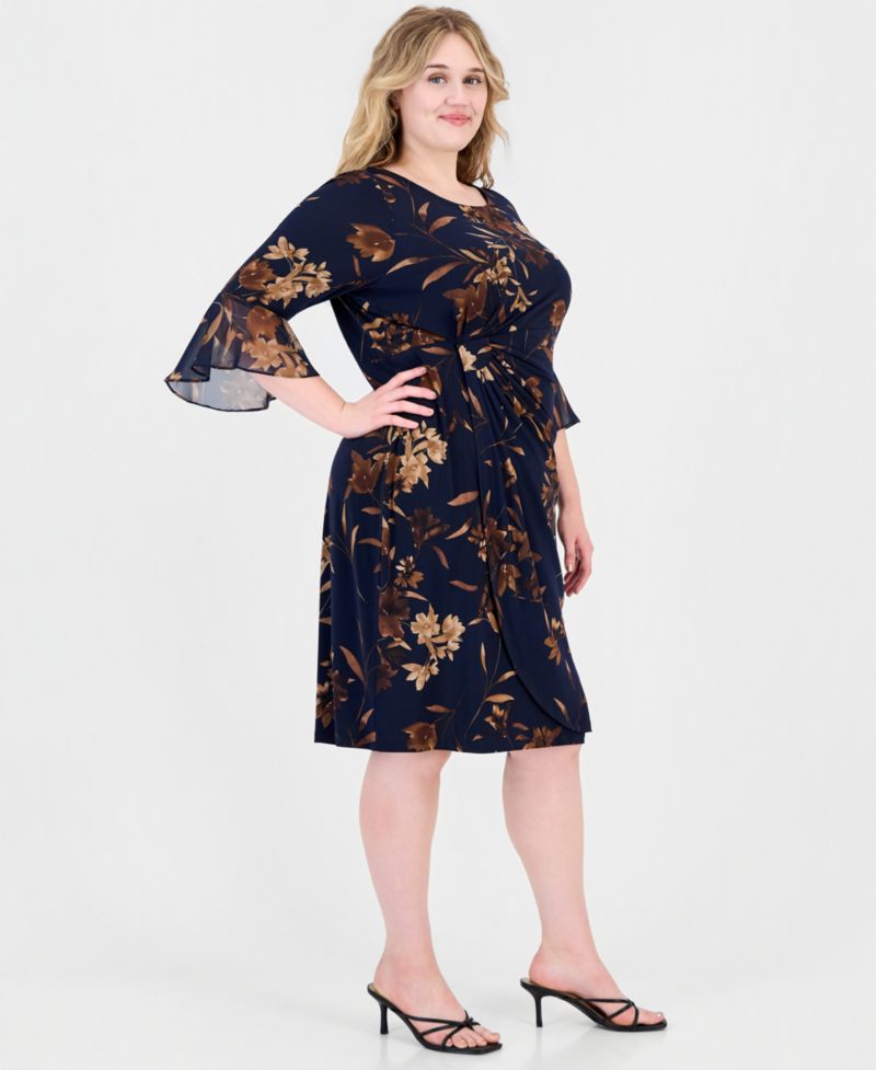 Petite Side Tab Floral 3/4-Sleeve Flounce-Cuff Dress