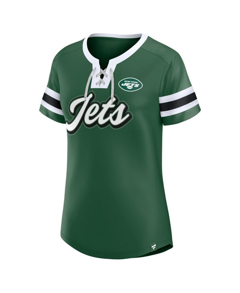 Women's Green New York Jets True Catch Iconic Rhinestone Bling Athena Lace-Up T-Shirt
