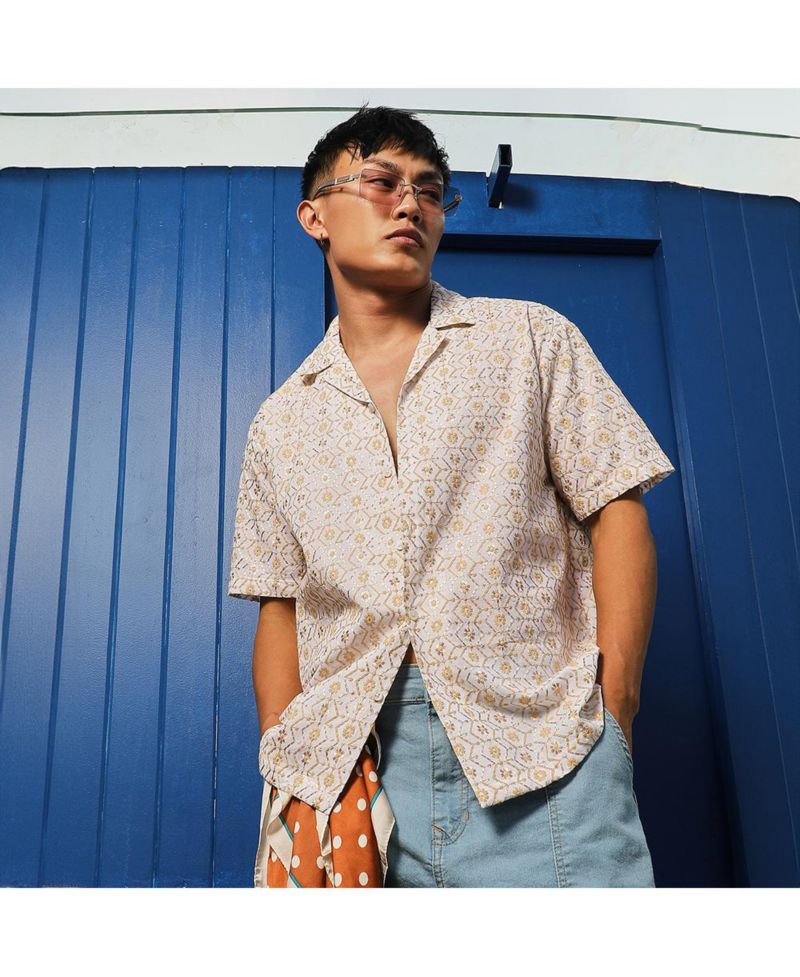 Men's Off-White & Beige Embroidered Geometric Shirt