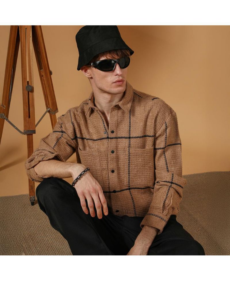 Men's Ash Brown Graph-Check Waffle Overshirt