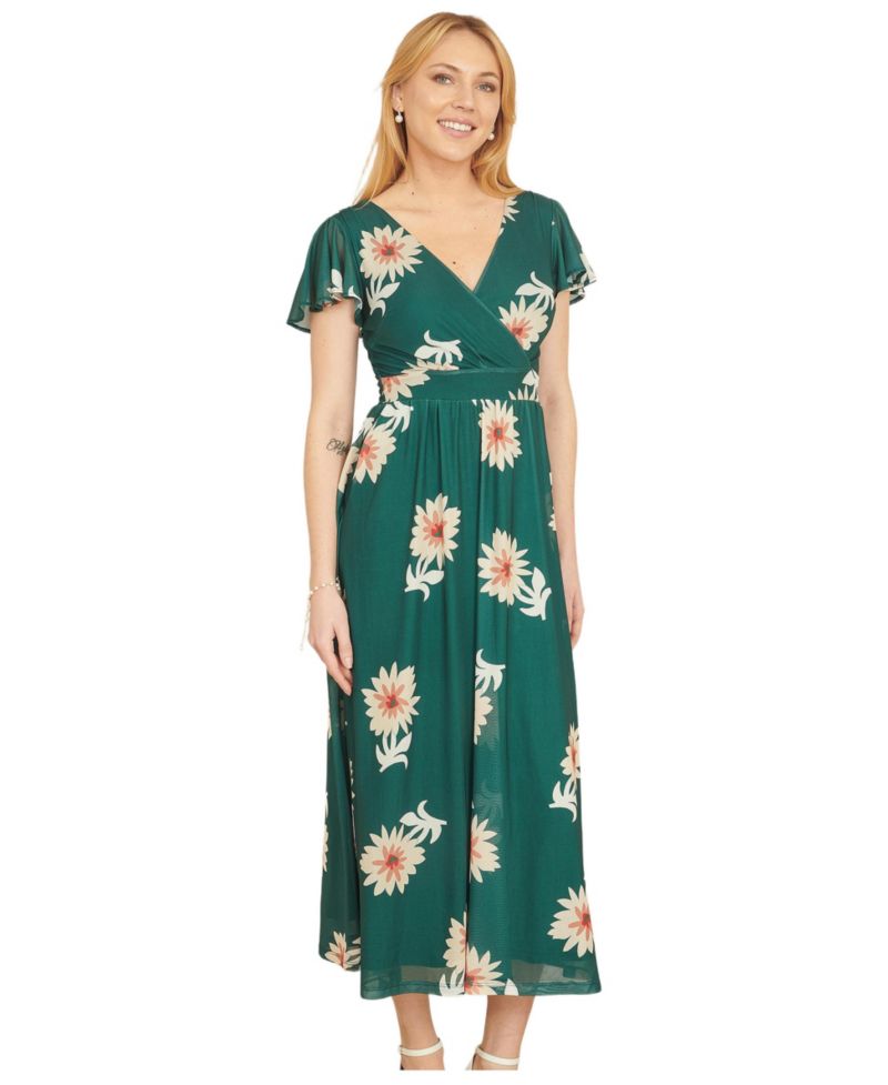 Women's Mesh Flower With Pockets Wrap Midi Dress