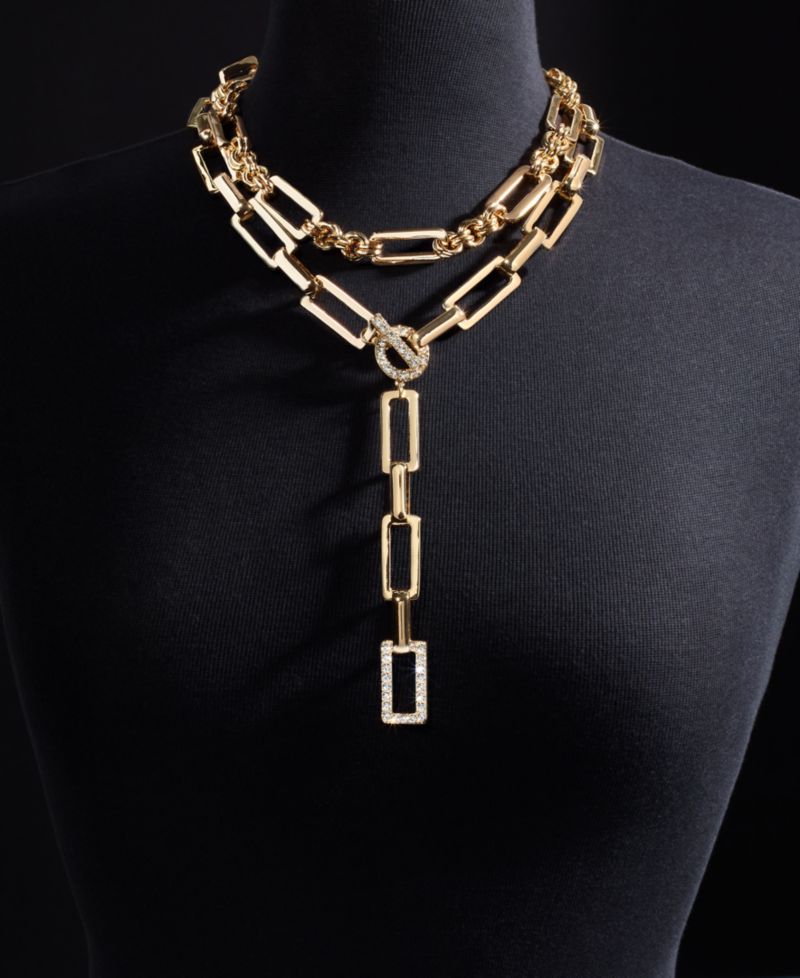 Silver-Tone Pav&eacute; Link Layered Lariat Necklace, 18" + 3" extender