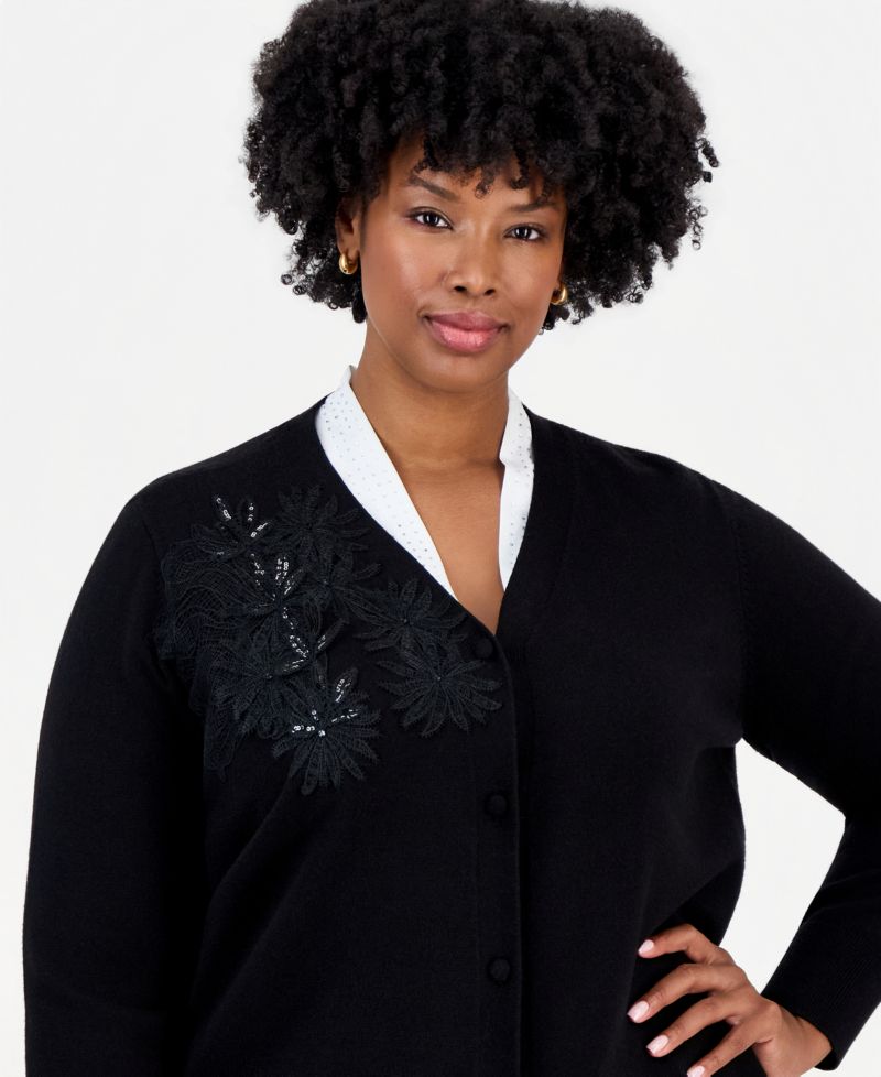 Plus Size Floral Applique With Sequin Embellishments V-Neck Cardigan