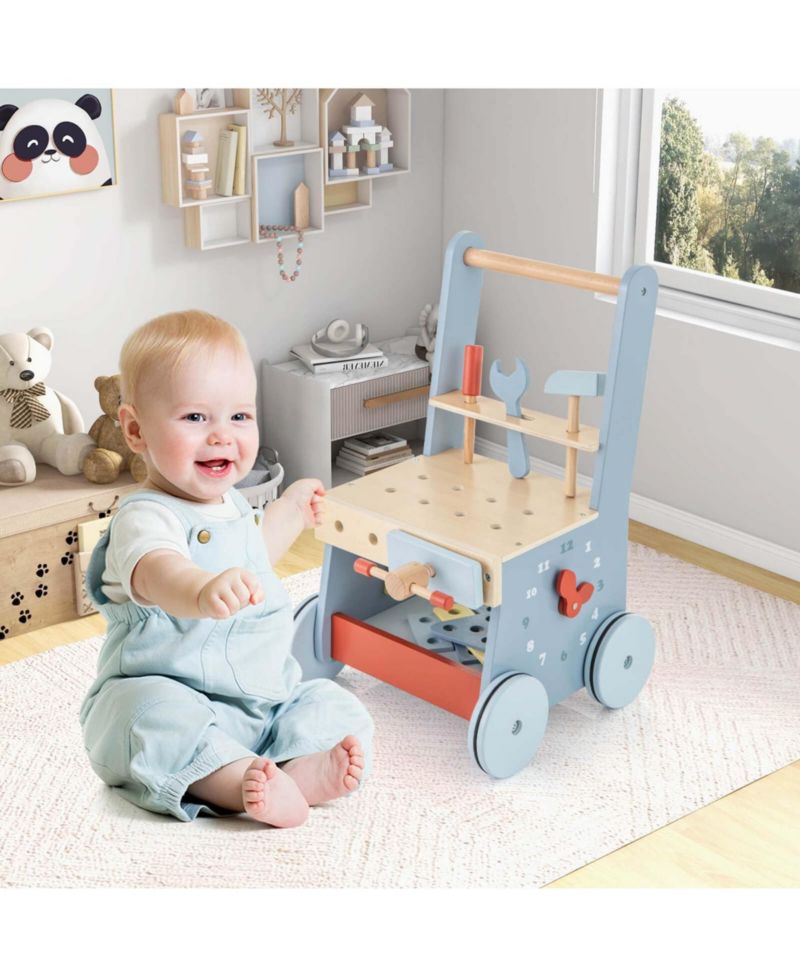 2-in-1 Wooden Baby Push Walker with Multi-Activity Center Bottom