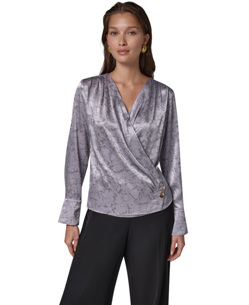 Women's Faux-Wrap V-Neck Long-Sleeve Blouse