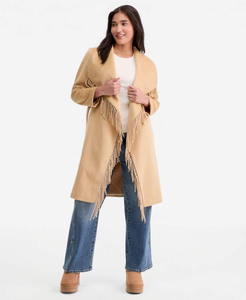 Women's Fringe-Trim Tie-Belt Wrap Coat