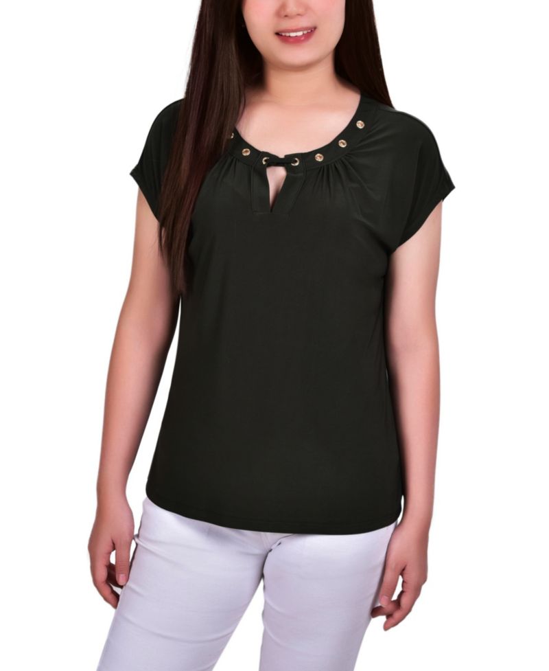 Petite Grommet Neck Knit Short Extended Sleeve Top
