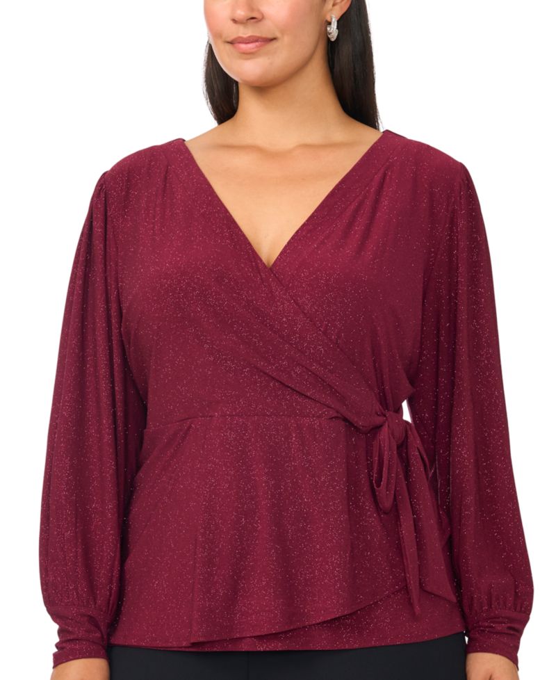 Plus Size Faraj Faux-Wrap Metallic Long-Sleeve Top
