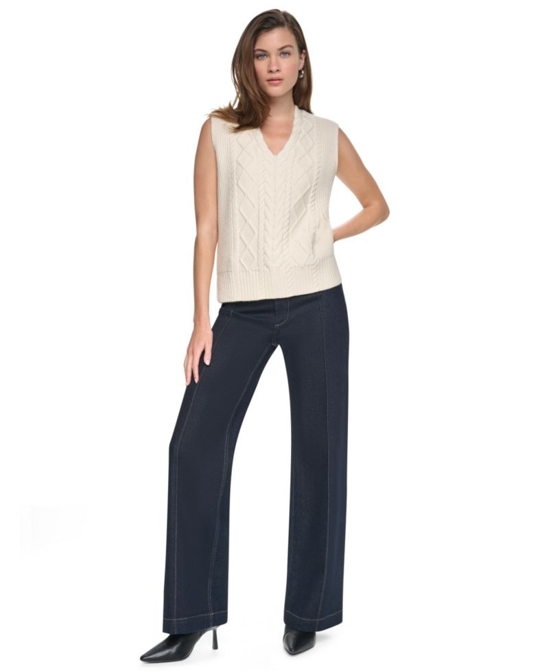 Women's Cable-Knit V-Neck Hi-Low Sweater