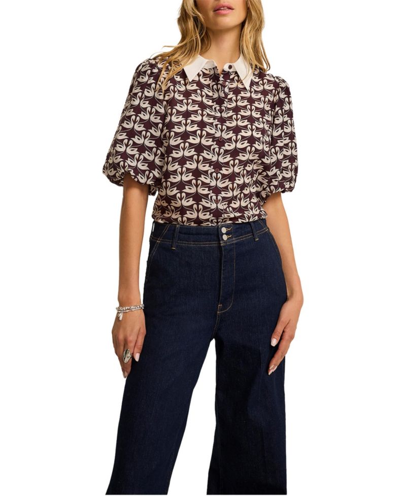Women's Swan Print Puff Sleeve Blouse