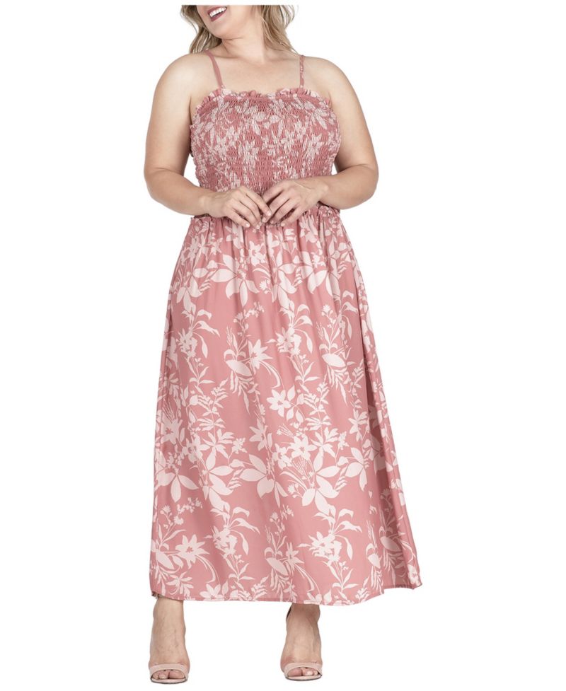 Plus Size Floral Print Smocked Bodice Maxi Slip Dress
