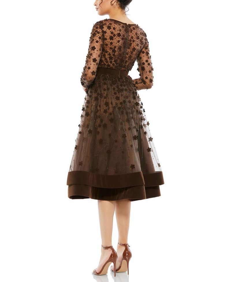 Women's Embellished Illusion High Neck Long Sleeve Fit and Flare