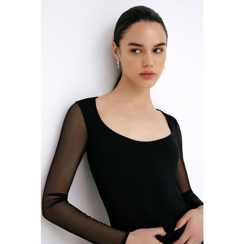 Women's Parisa Jersey-Bodice Long Mesh-Sleeve Fitted Top
