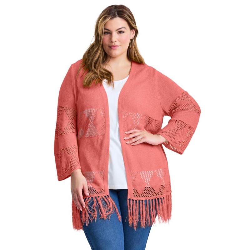 Women's Plus Size Pointelle Fringe Cardigan
