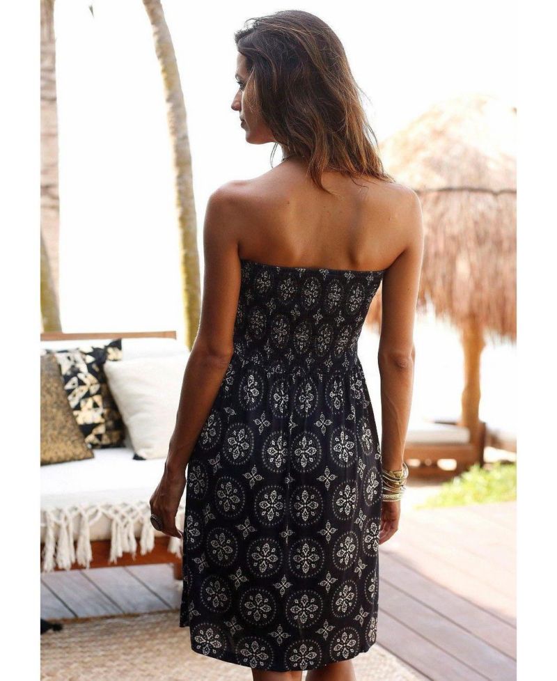 Women's Viscose Printed Strapless A-Line Bandeau Short Dress