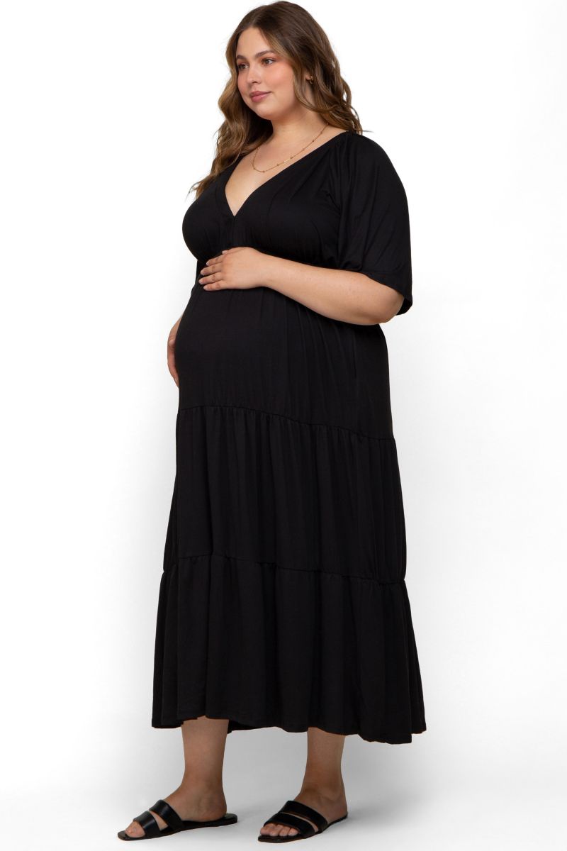 Women's Maternity Deep V-Neck Tiered Maxi Dress