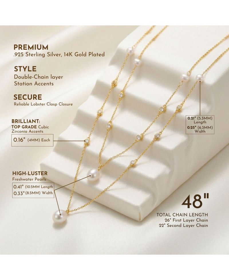 Sterling Silver 14K Gold Plated Freshwater Pearl Layered Necklace