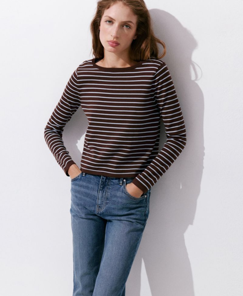 Women's Striped Long-Sleeve Crewneck Cotton-Blend Sweater