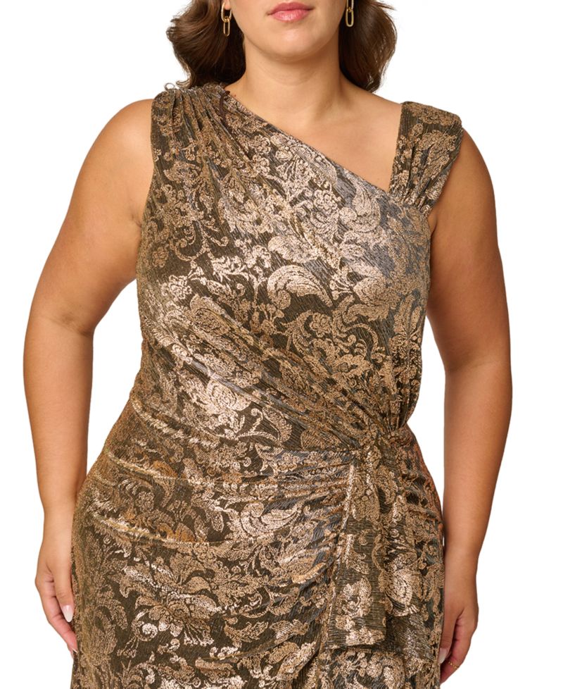 Petite Metallic-Floral Asymmetrical Neckline Sleeveless Gown