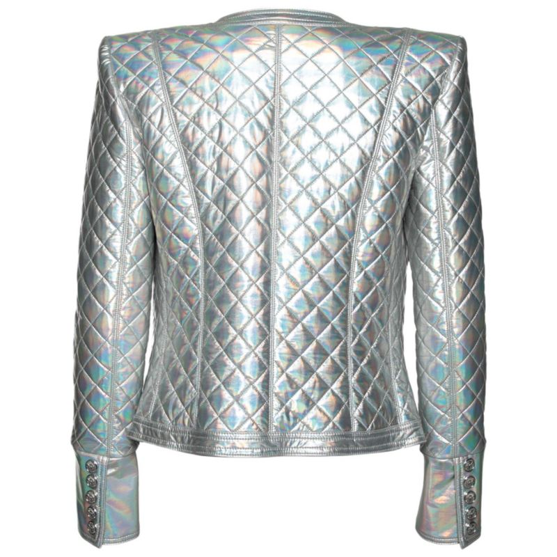 Women's Silver Holographic Quilted Open Front Jacket
