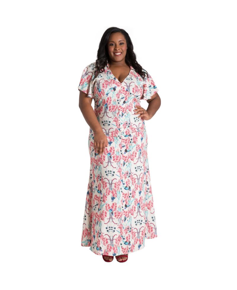 Plus Size Butterfly Sleeve Peacock Print Maxi Dress
