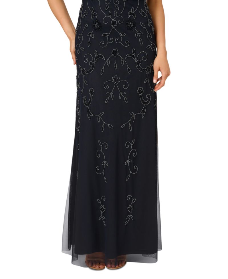 Petite Boat-Neck Short-Sleeve Beaded Blouson Gown