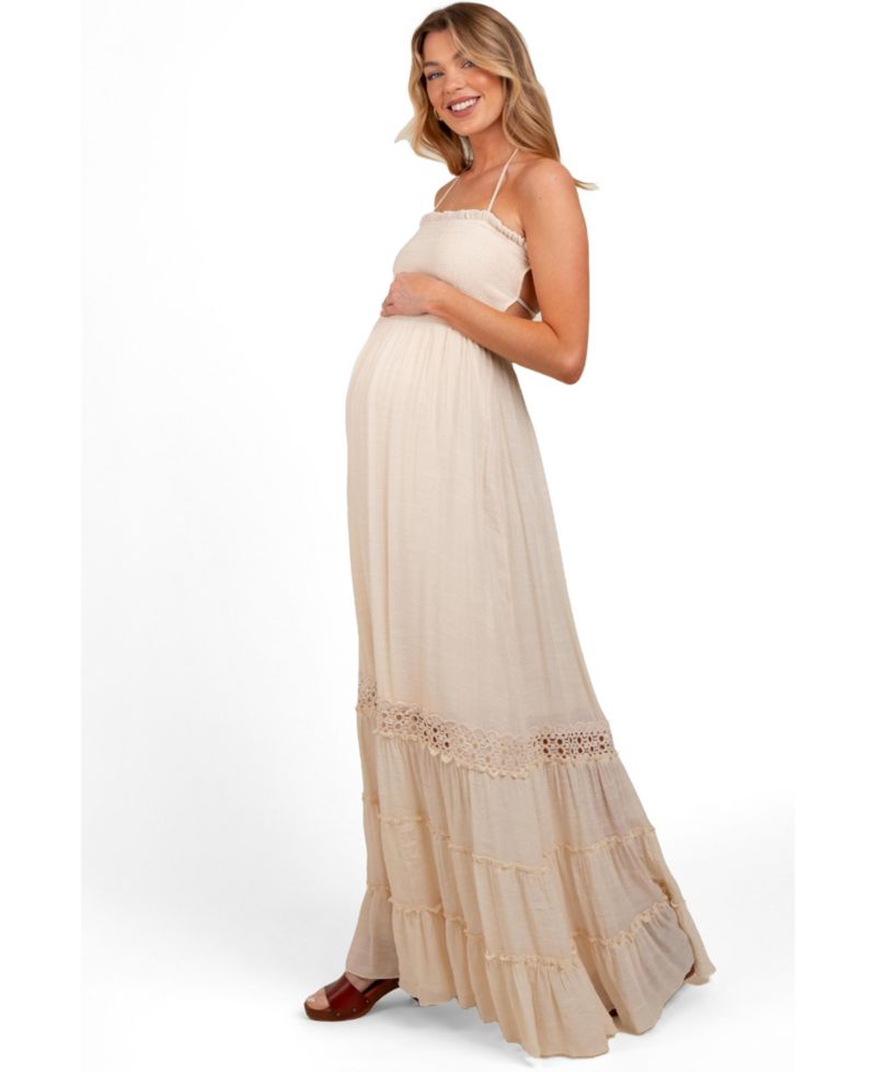 Women's Cream Smocked Open Back Maxi Dress
