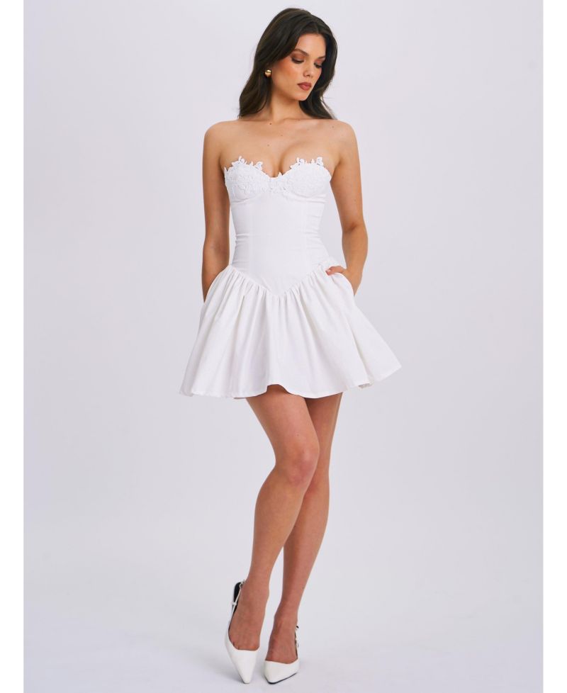 Women's Sacha White Lace Drop Waist Corset Puffy Mini Dress
