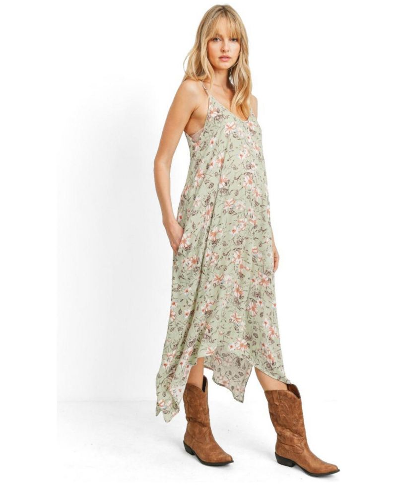 Women's Floral V-Neck Spaghetti Strap Midi Dress with Pockets