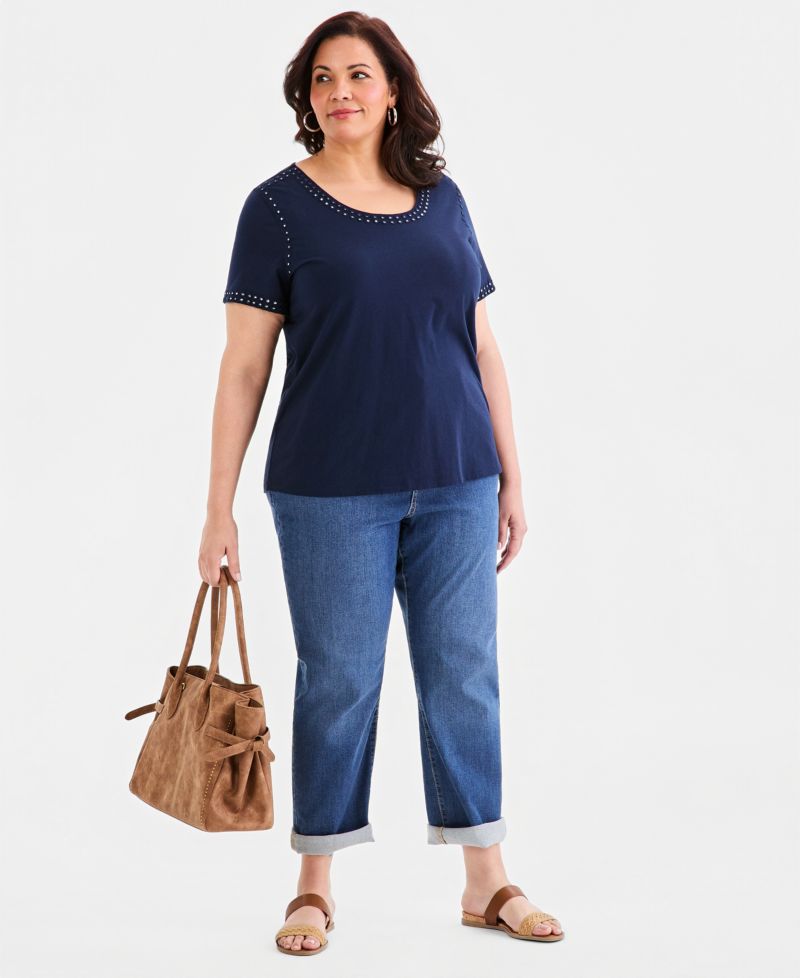 Plus Size Mirror-Trim Scoop-Neck Top