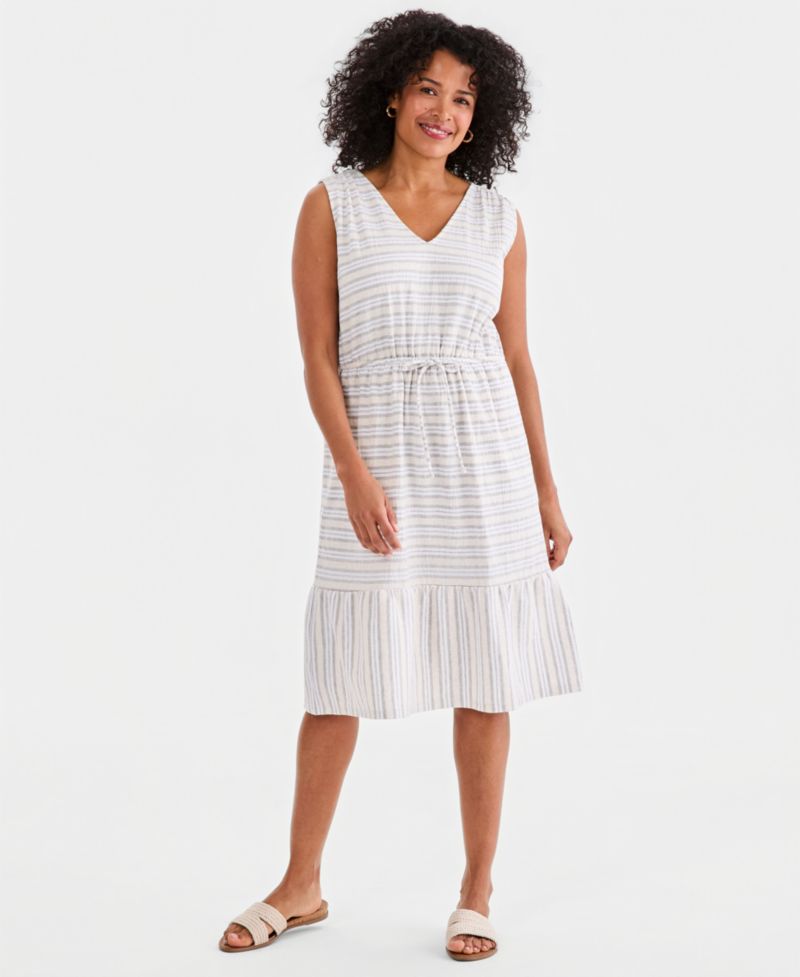 Women's Striped Tie-Waist Midi Dress