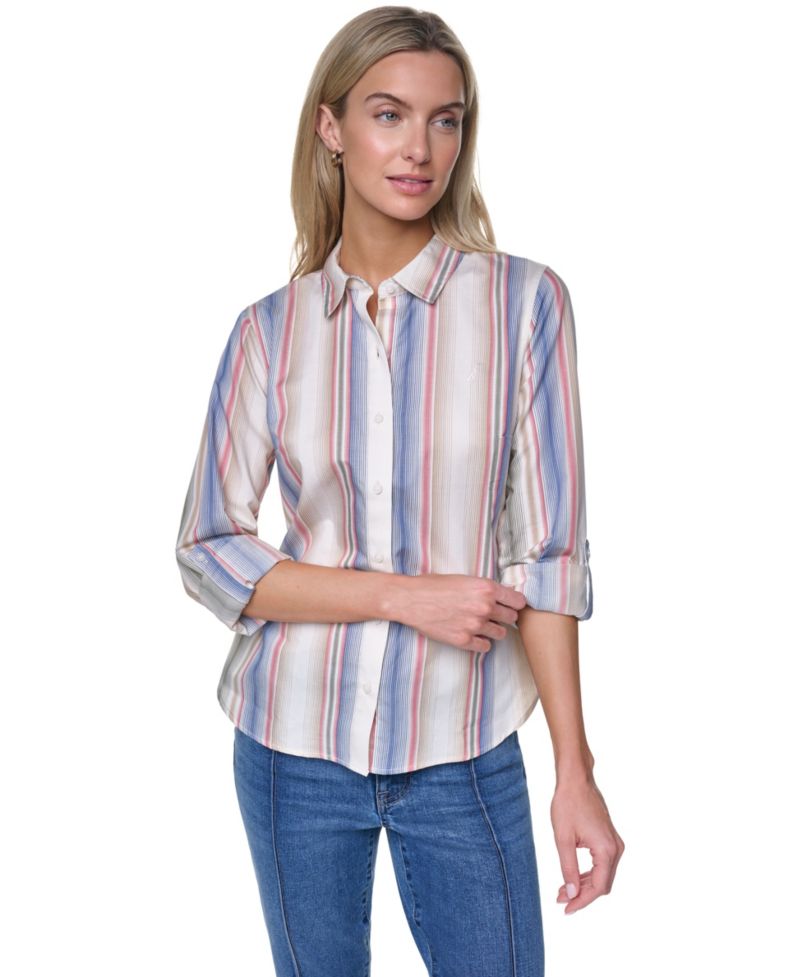 Women's Cotton-Blend Roll-Tab Button-Front Shirt