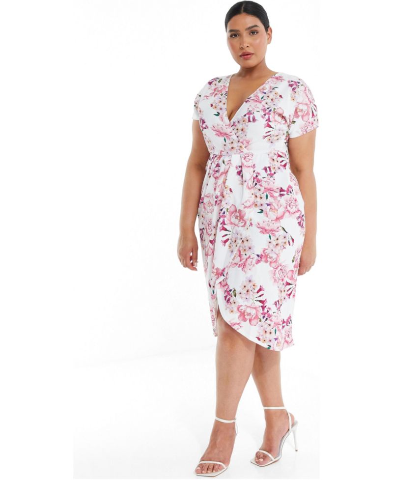 Women's Plus Size Floral Scuba Crepe Wrap Midi Dress